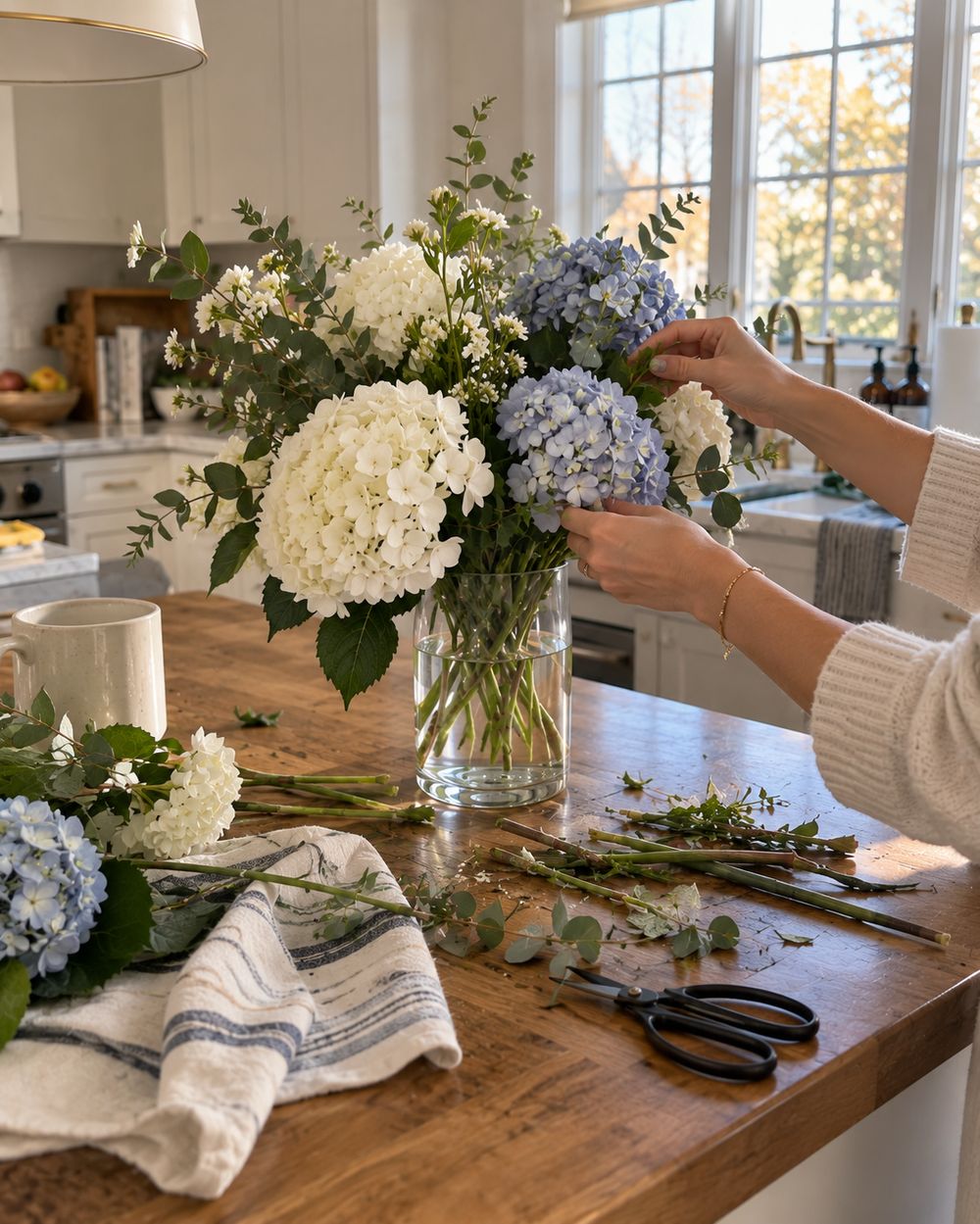 Hands arranging white and blue hydrangeas in a glass vase on a wooden kitchen island