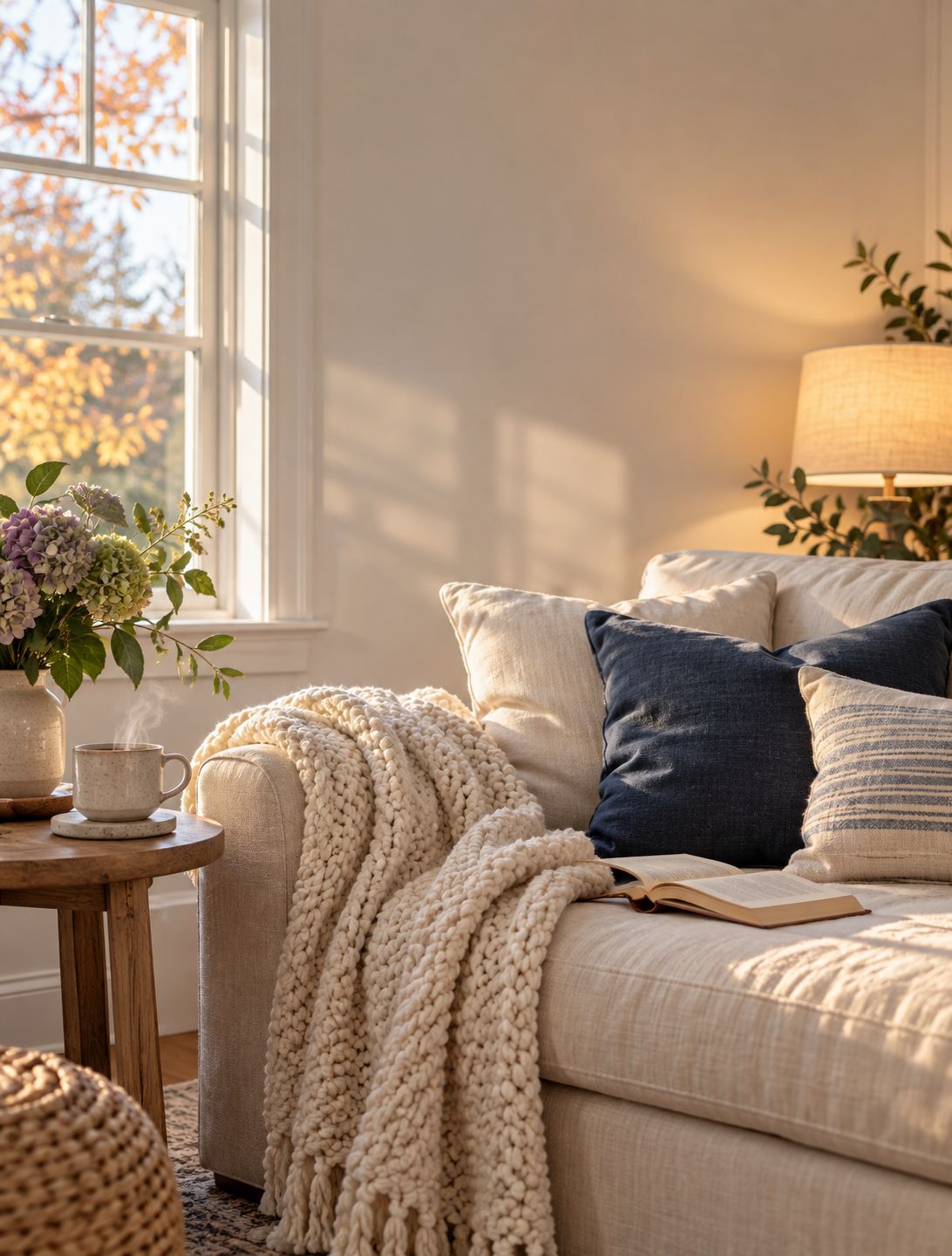 A cream sofa with a chunky knit throw, a navy pillow and an open book in warm afternoon light