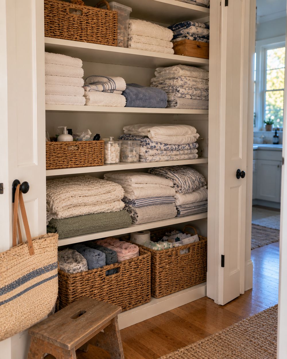 An organized linen closet with folded cream and blue towels and woven baskets